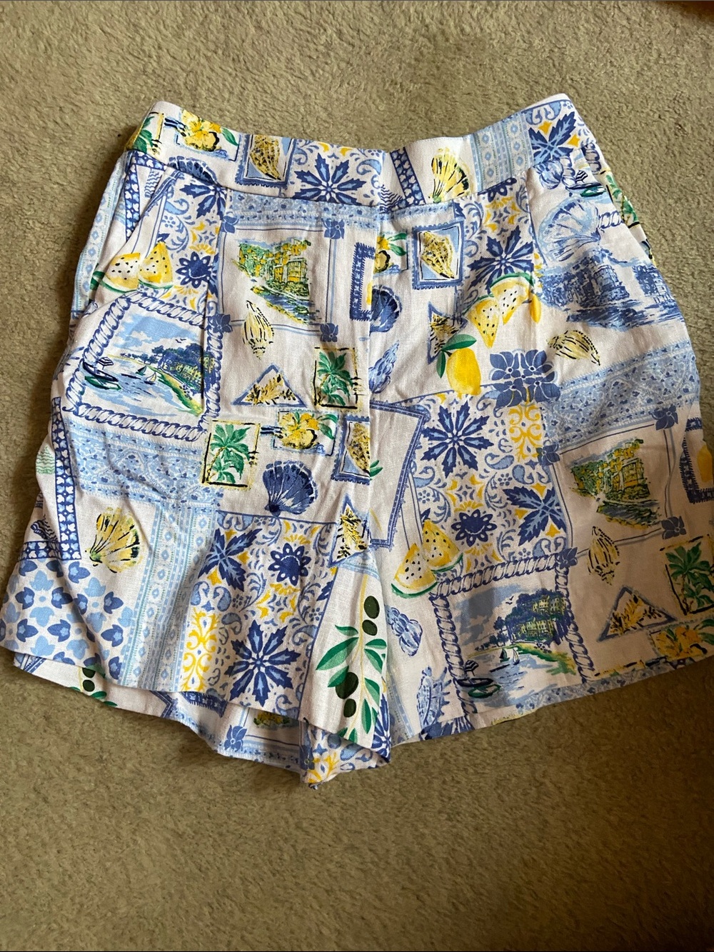 J. Crew White Patchwork-Print High Waist Shorts with Blue & Yellow Motifs